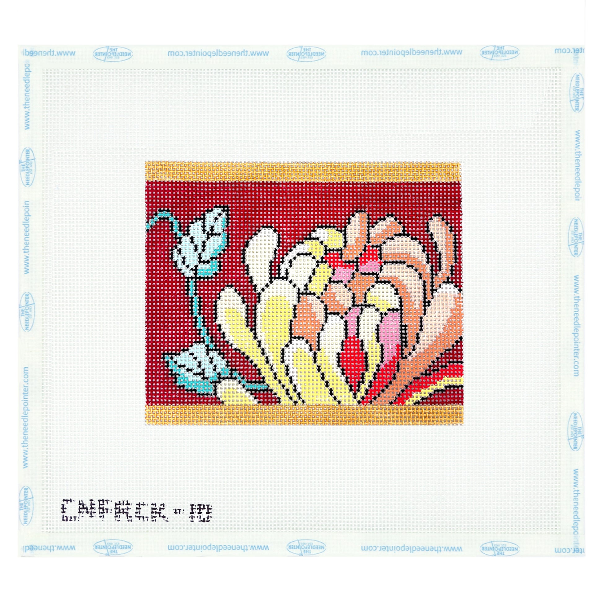 Crimson Needlepoint Peony Panel with Gilded Border
