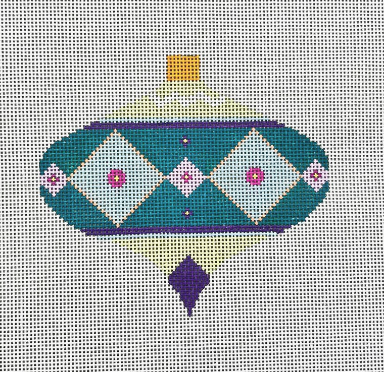 Teal & Purple Needlepoint Ornament: Pink Floral Diamonds