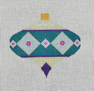 Teal & Purple Needlepoint Ornament: Pink Floral Diamonds