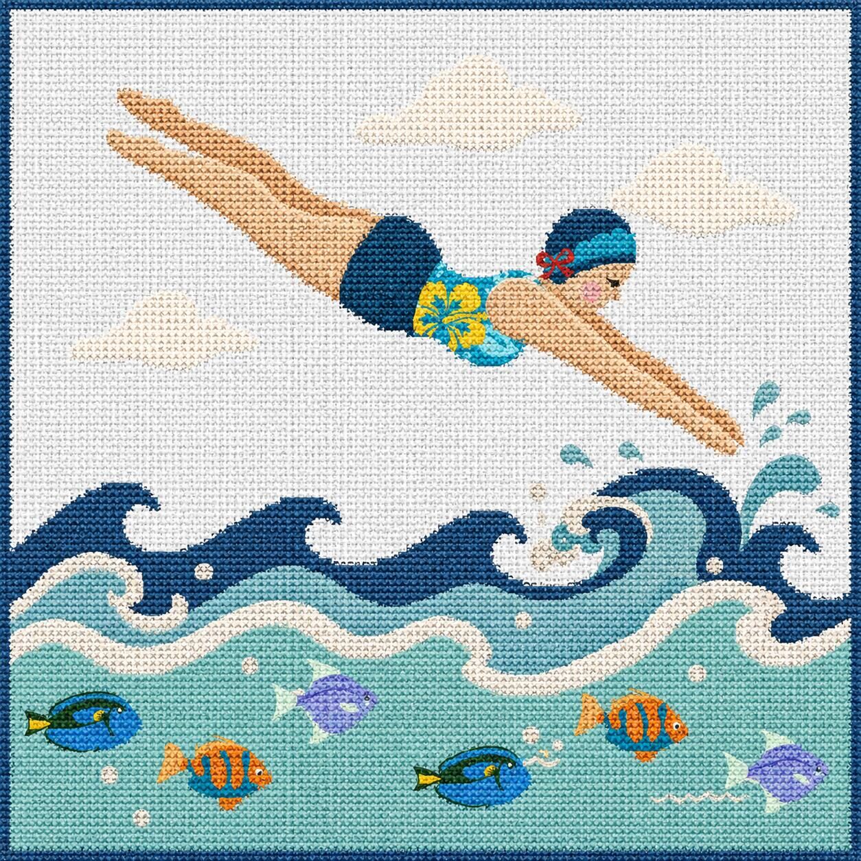 Coastal Retro Swimmer Dive Into Ocean Waves