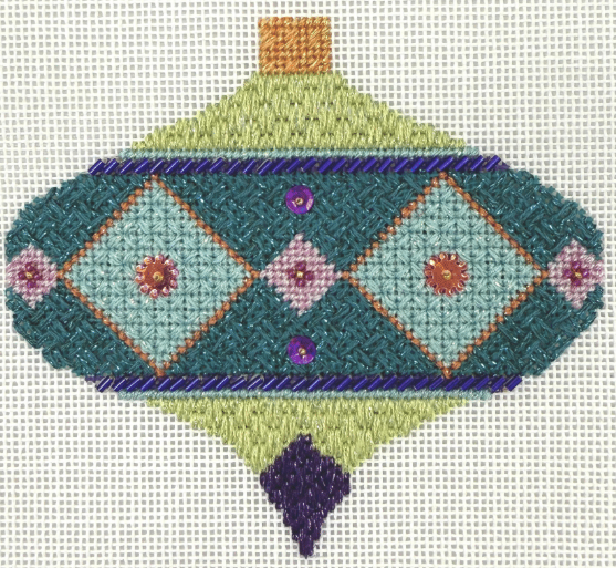 Teal & Purple Needlepoint Ornament: Pink Floral Diamonds