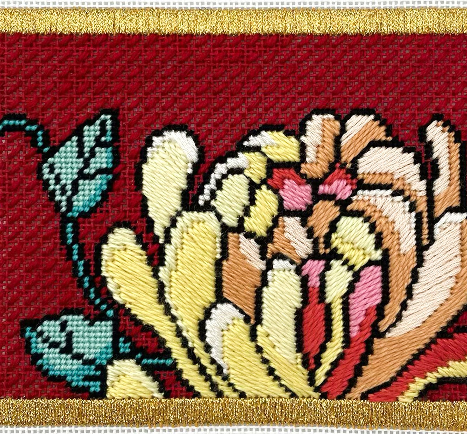 Crimson Needlepoint Peony Panel with Gilded Border