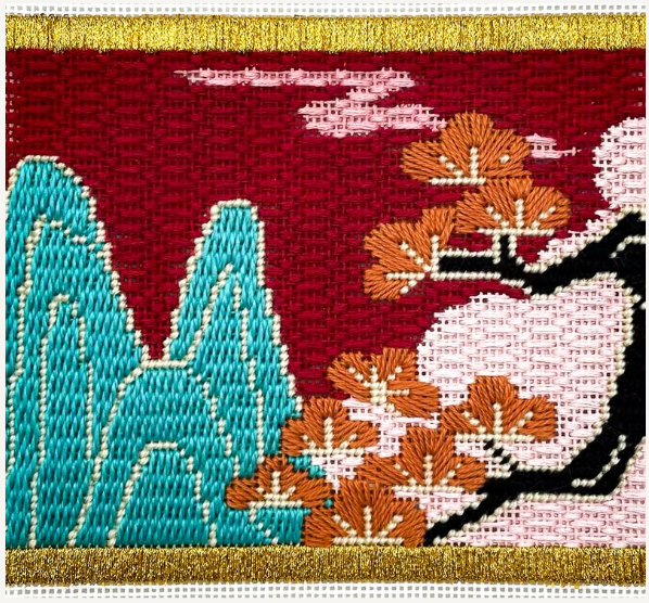 Oriental Landscape: Pine, Mountains and Clouds on Red