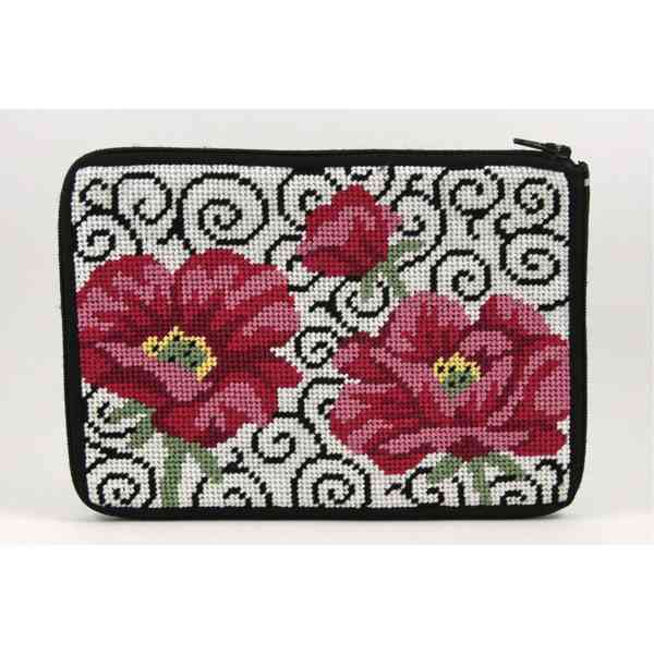 POPPIES ON SCROLL- STITCH & ZIP NEEDLEPOINT PURSE