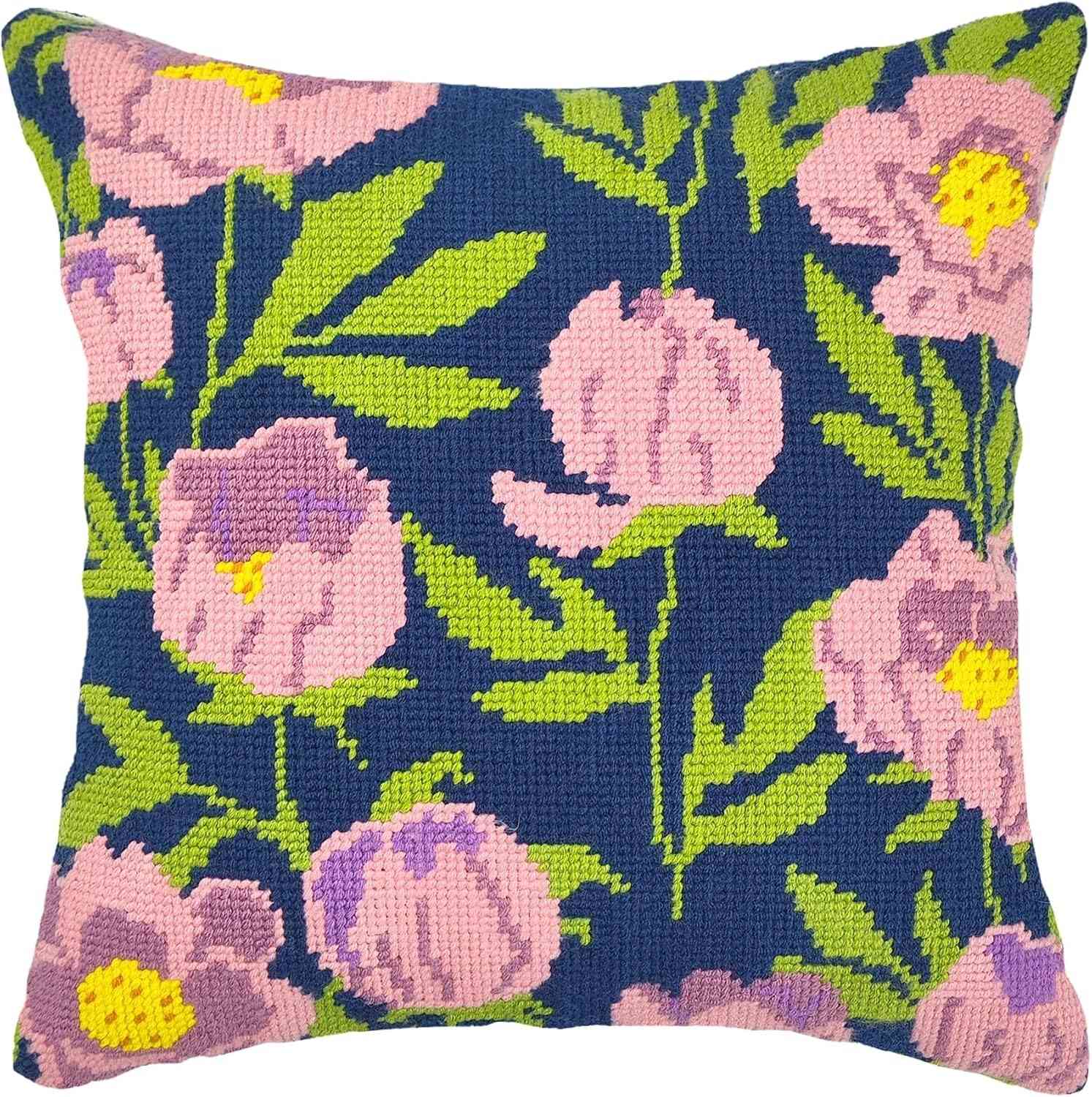 Needlepoint Pillow Kit - Pink Tulips Dark