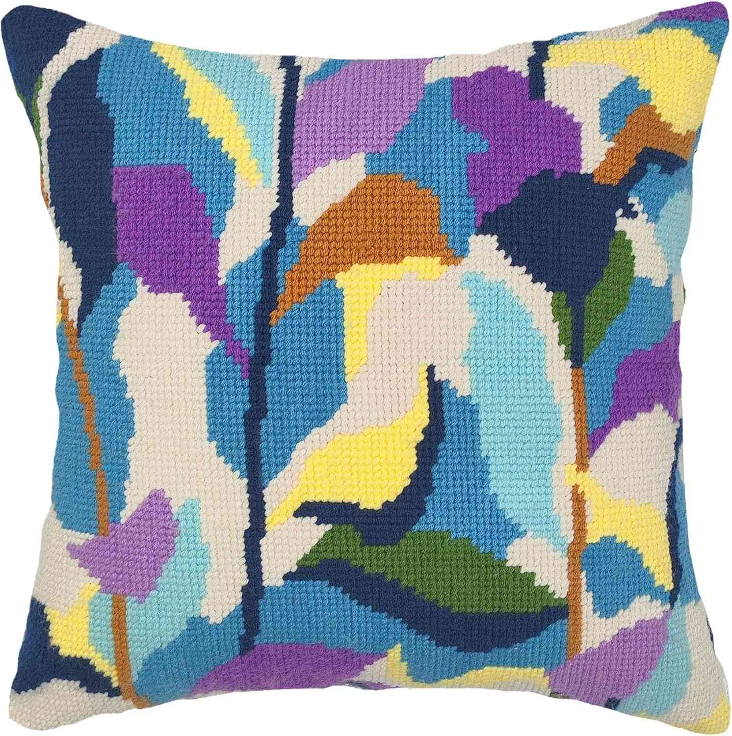 Needlepoint Pillow Kit - Blue Purple Leaves