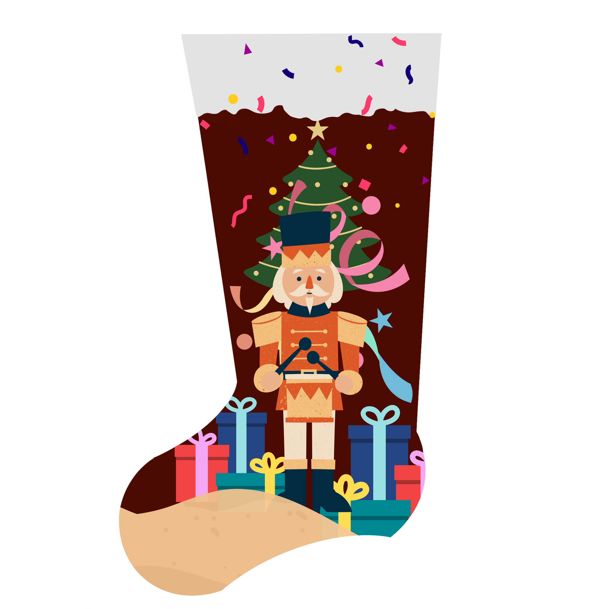 Festive Nutcracker Stocking with Christmas Tree and Gift Boxes