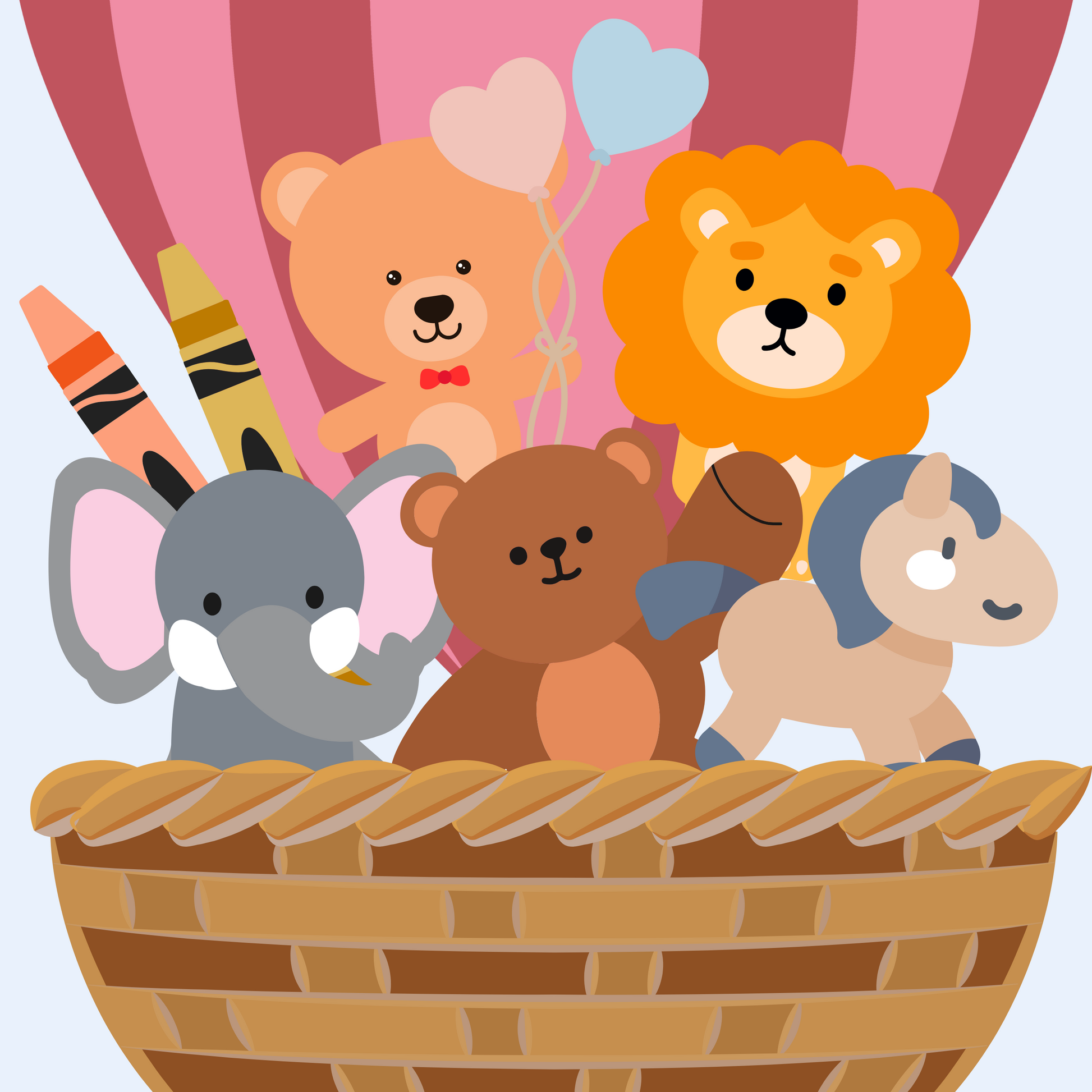 Cute Animal Plush Toys in a Hot Air Balloon