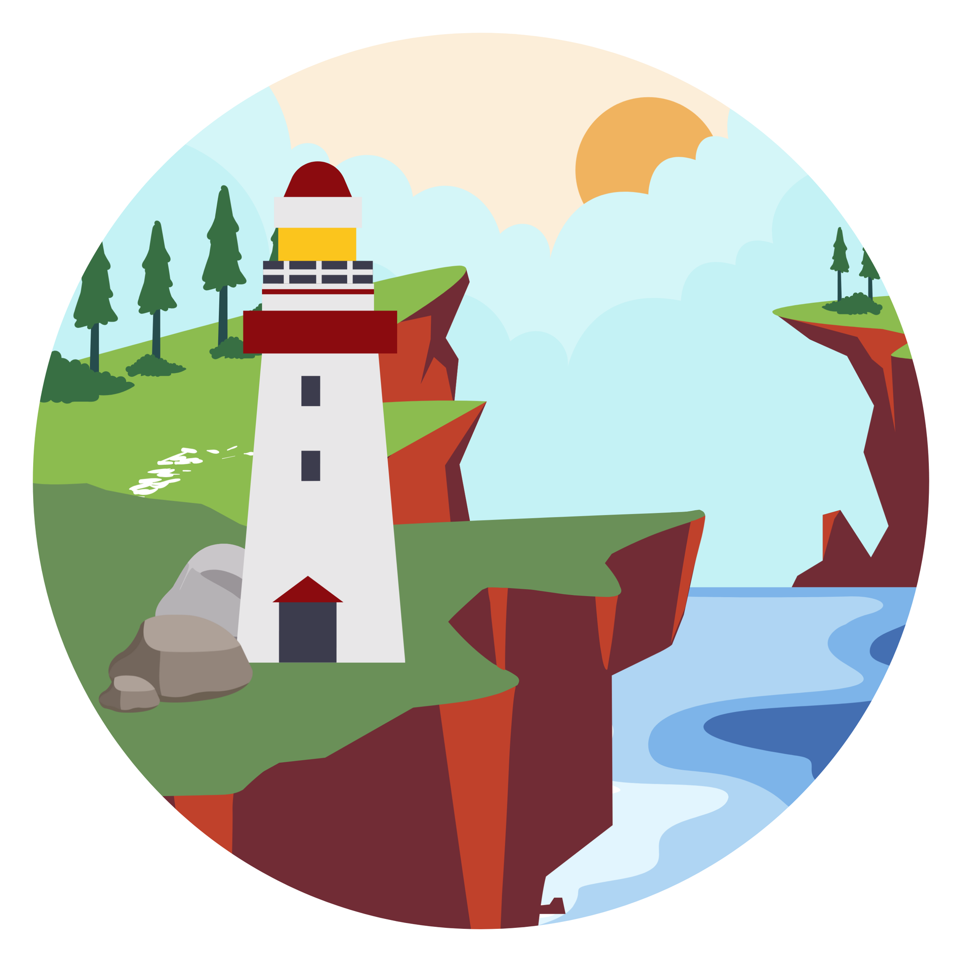 Cheerful Coastal Lighthouse Scene with Cliffs and Greenery