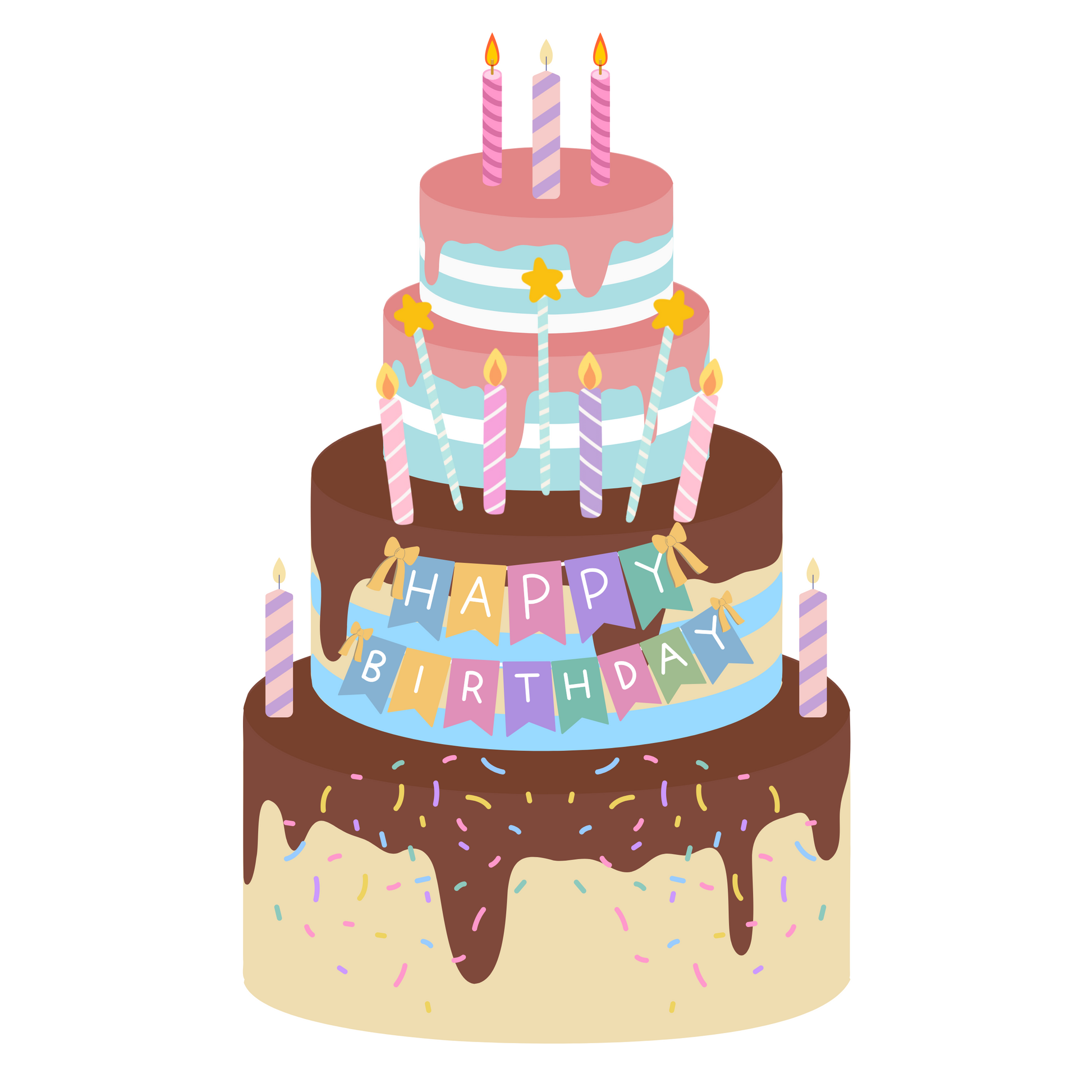 Festive Multi-tiered Birthday Cake with Colorful Decor and Candles