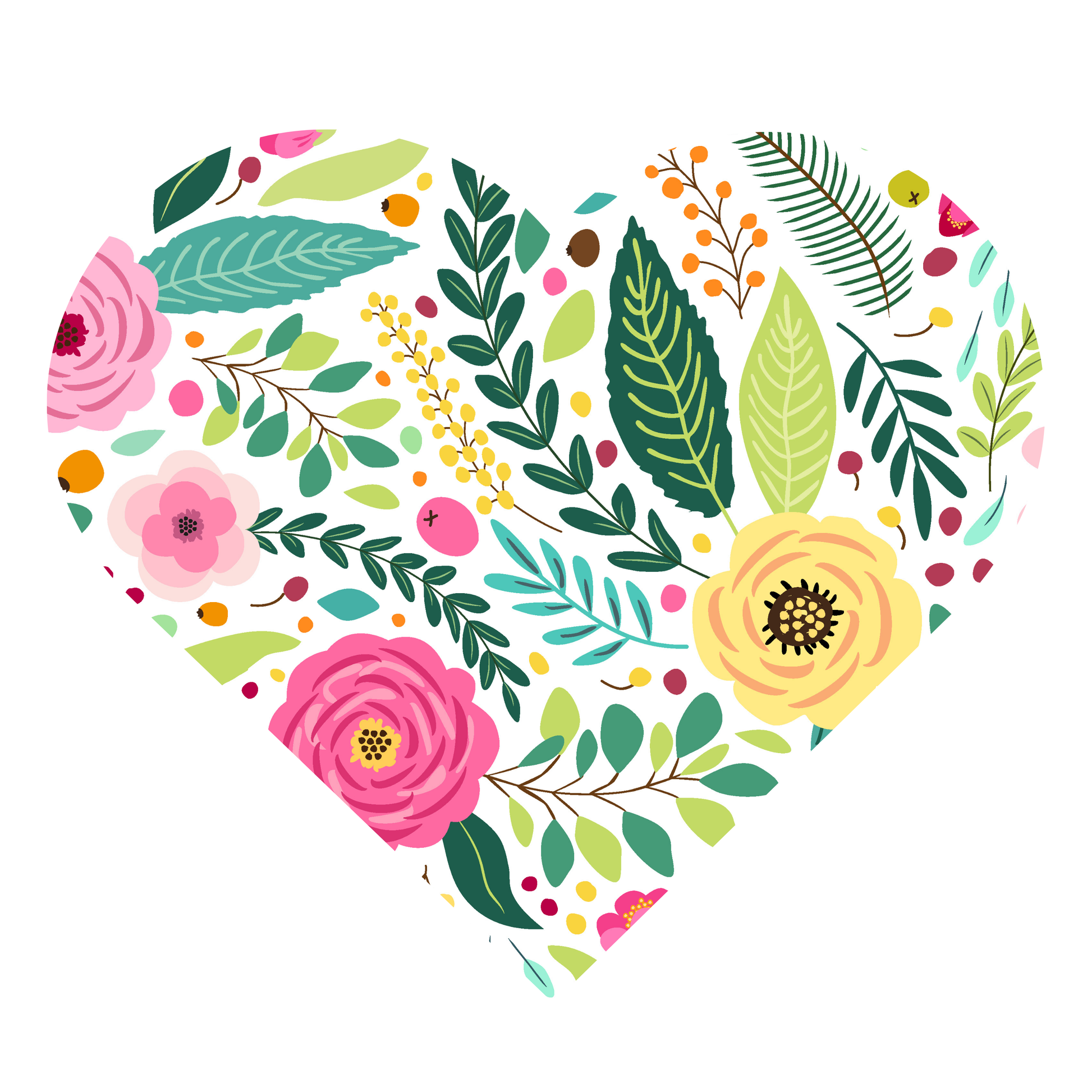 Vibrant Floral Heart Design with Colorful Flowers and Leaves