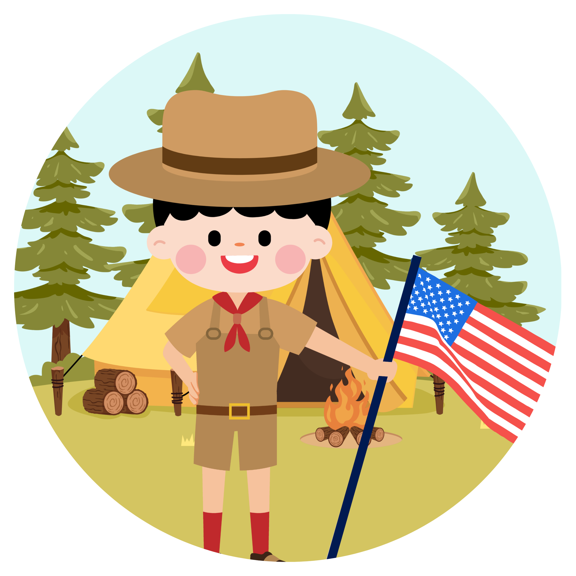 Girl with American Flag in Forest Scene