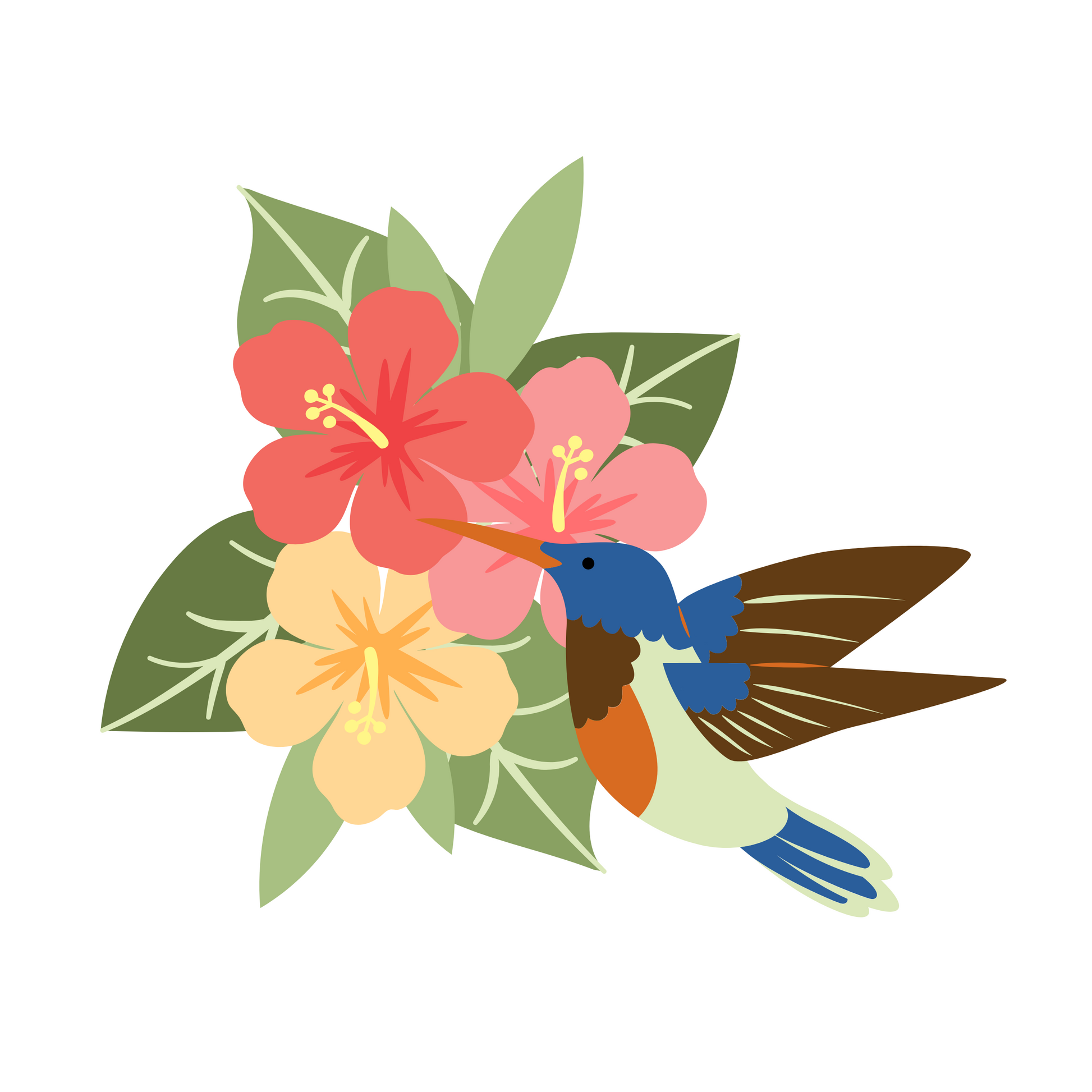 Hummingbird with Hibiscus Flowers and Leaves