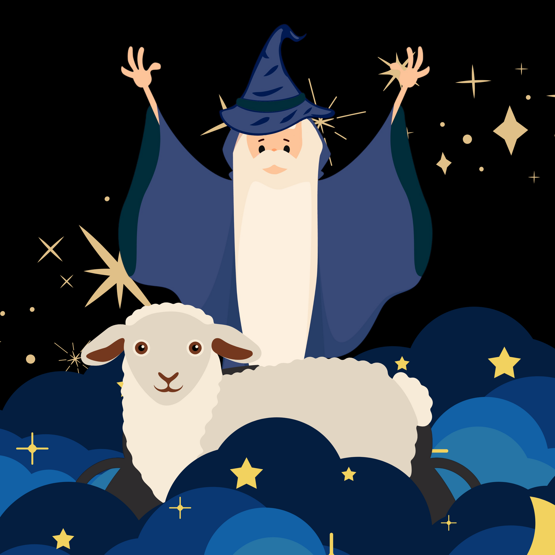 Merry Wizard & Starry Lamb in the Night Sky