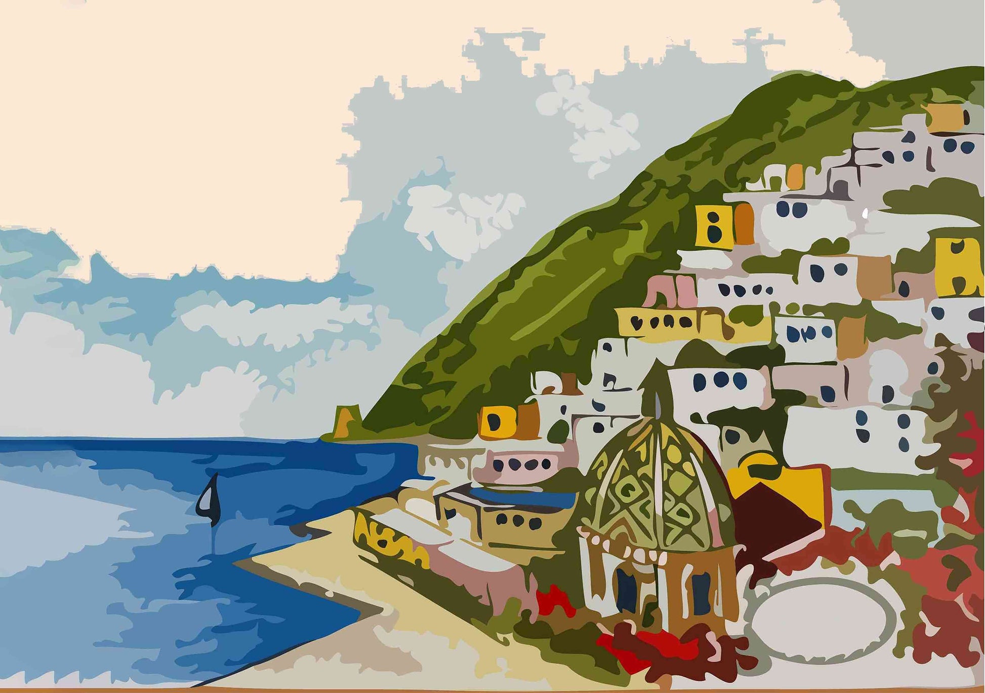 Beach, Houses and Mountains