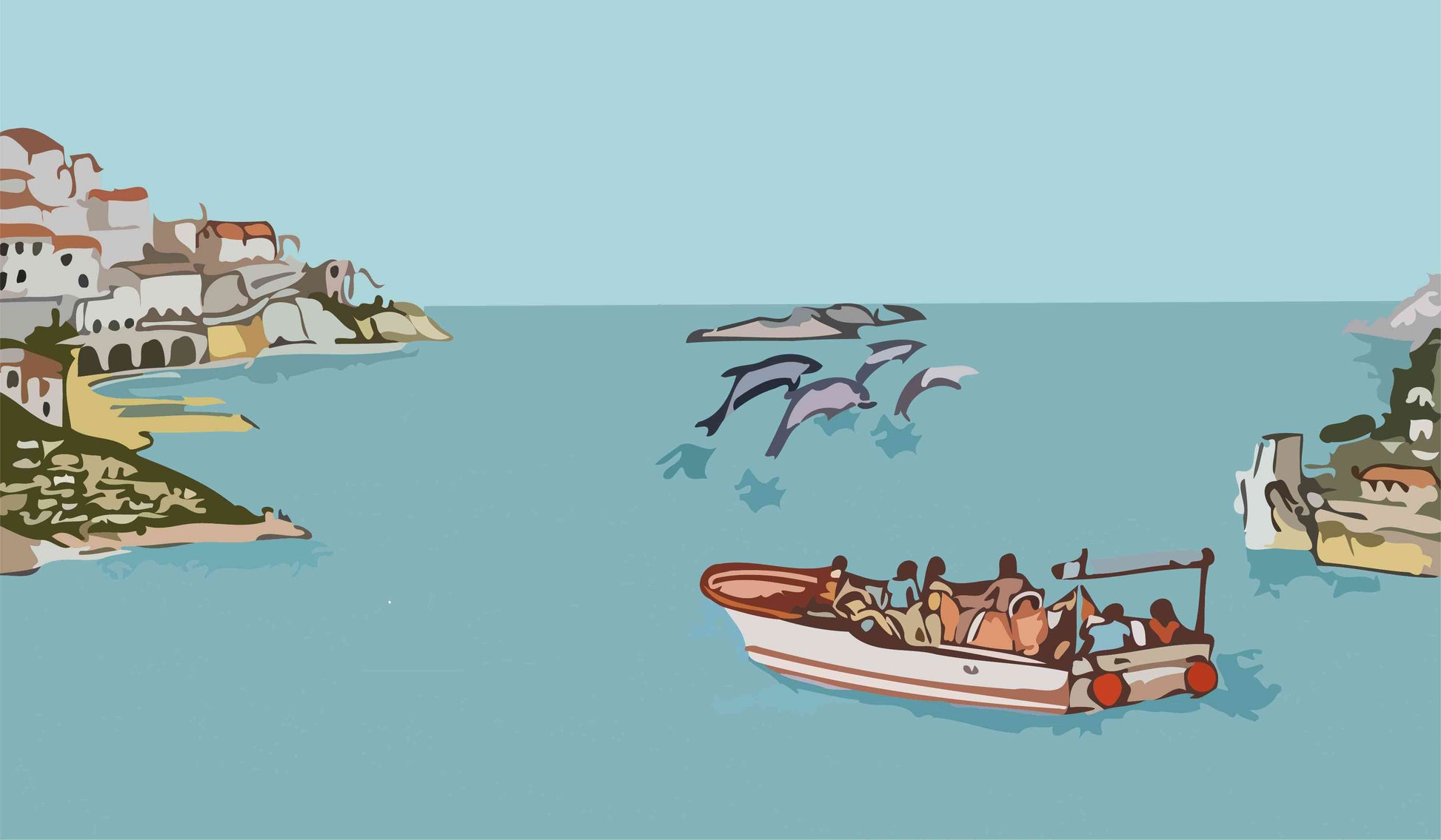 Beach, Boat, Houses and Dolphins