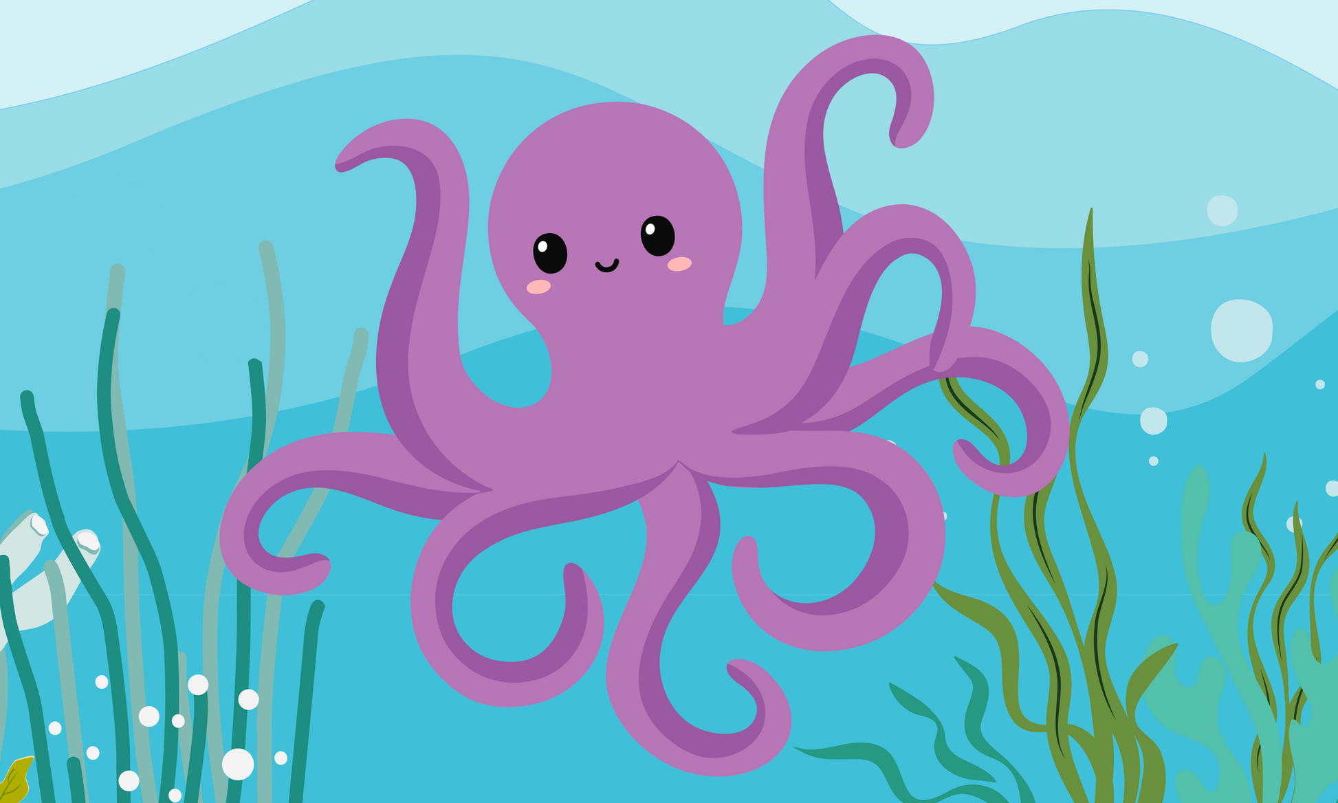 Purple Octopus in Ocean Scene with Seaweed