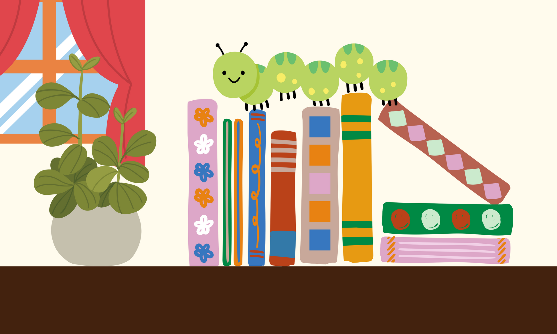 Caterpillars on Books with Potted Plant and Window