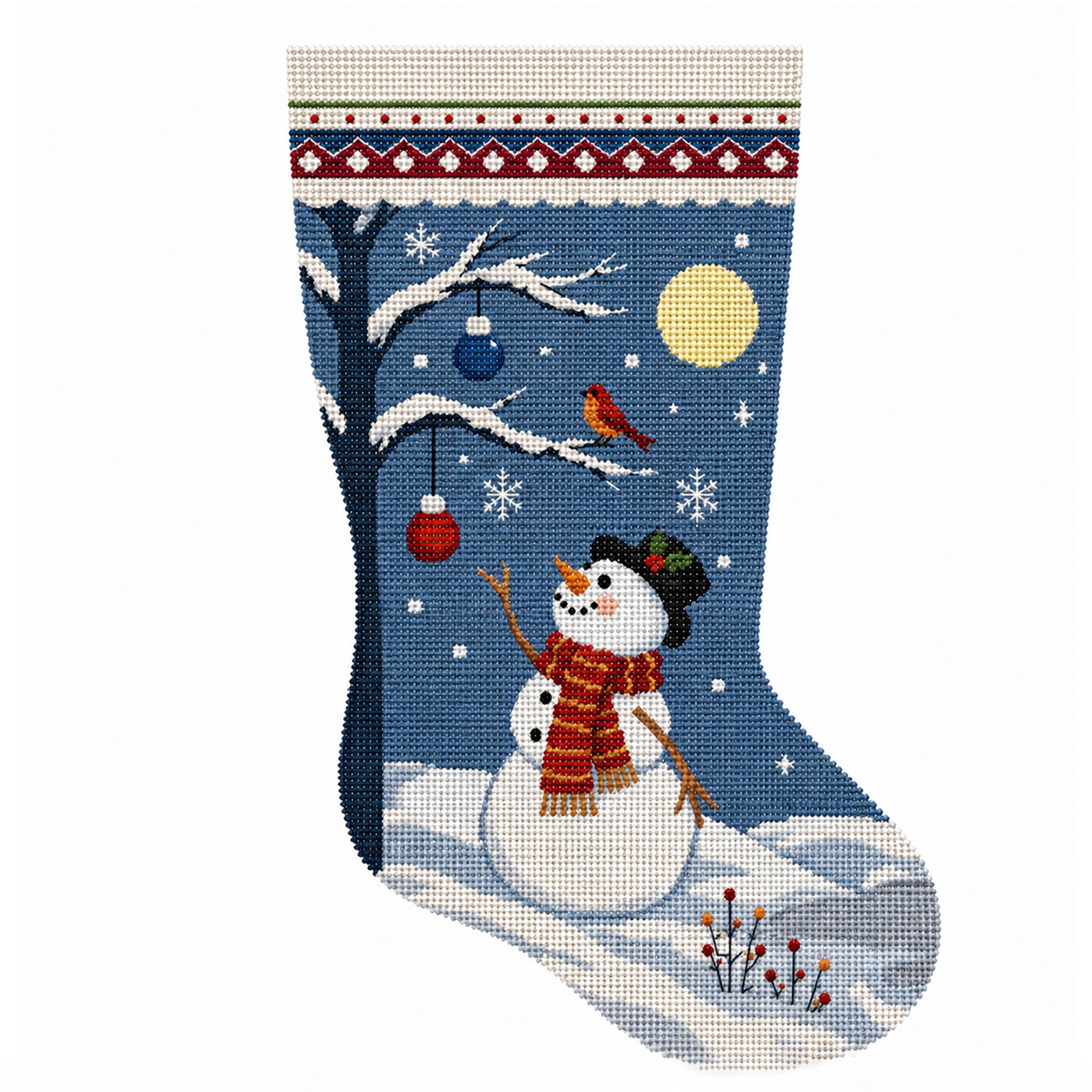 Stocking - Moonlit Snowman with Bird & Tree