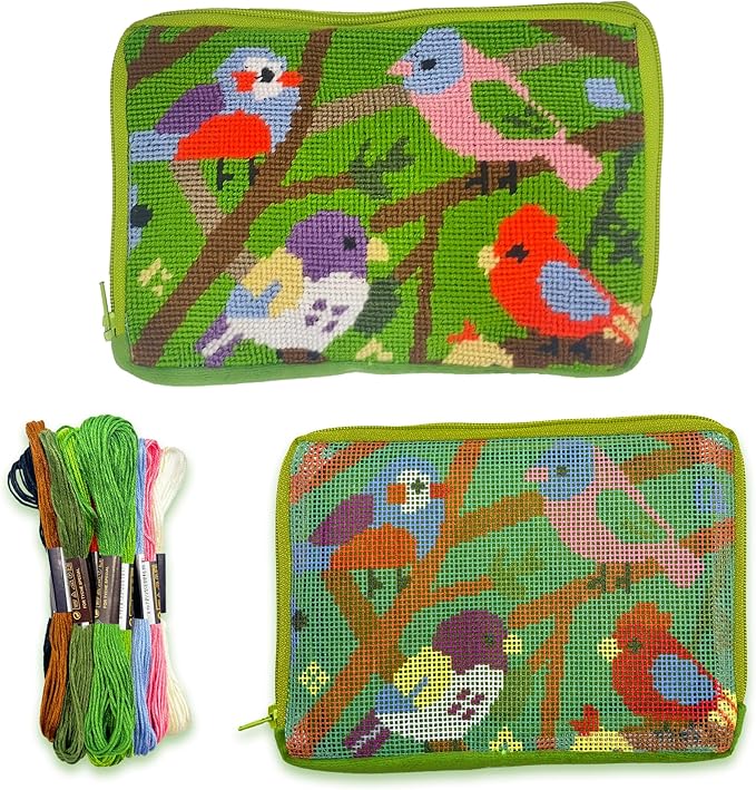Woodland Birds Needlepoint Zip Pouch Kit