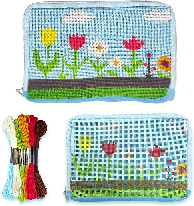 Flowers on the Grass Needlepoint Zip Pouch Kit