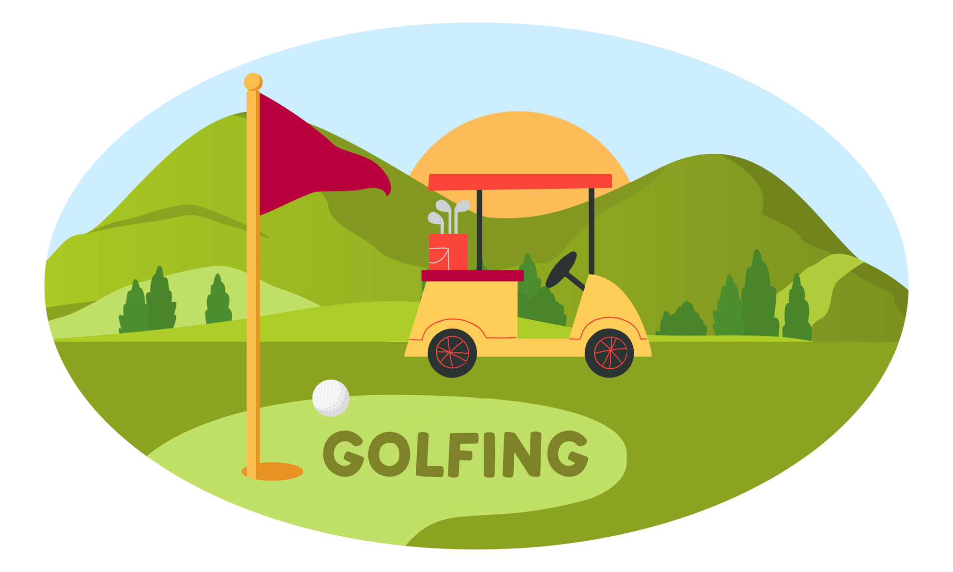 Golfing Scene with Cart and Flag