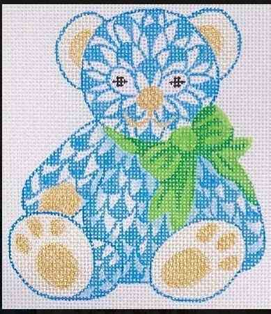 Mini Herend-style Fishnet Teddy Bear - Blue with Green Bow