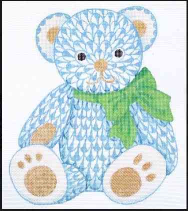 Herend-inspired Fishnet Teddy Bear - Blue with Gold & Green Ribbon