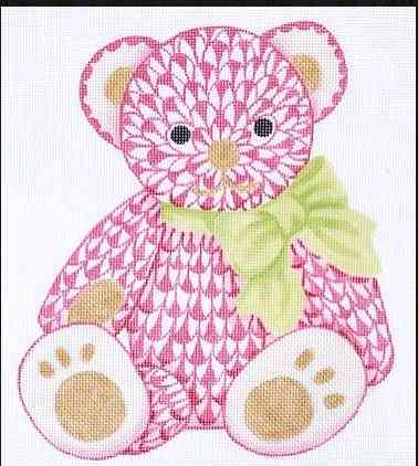 Herend-inspired Fishnet Teddy Bear - Pink with Gold & Lime Ribbon
