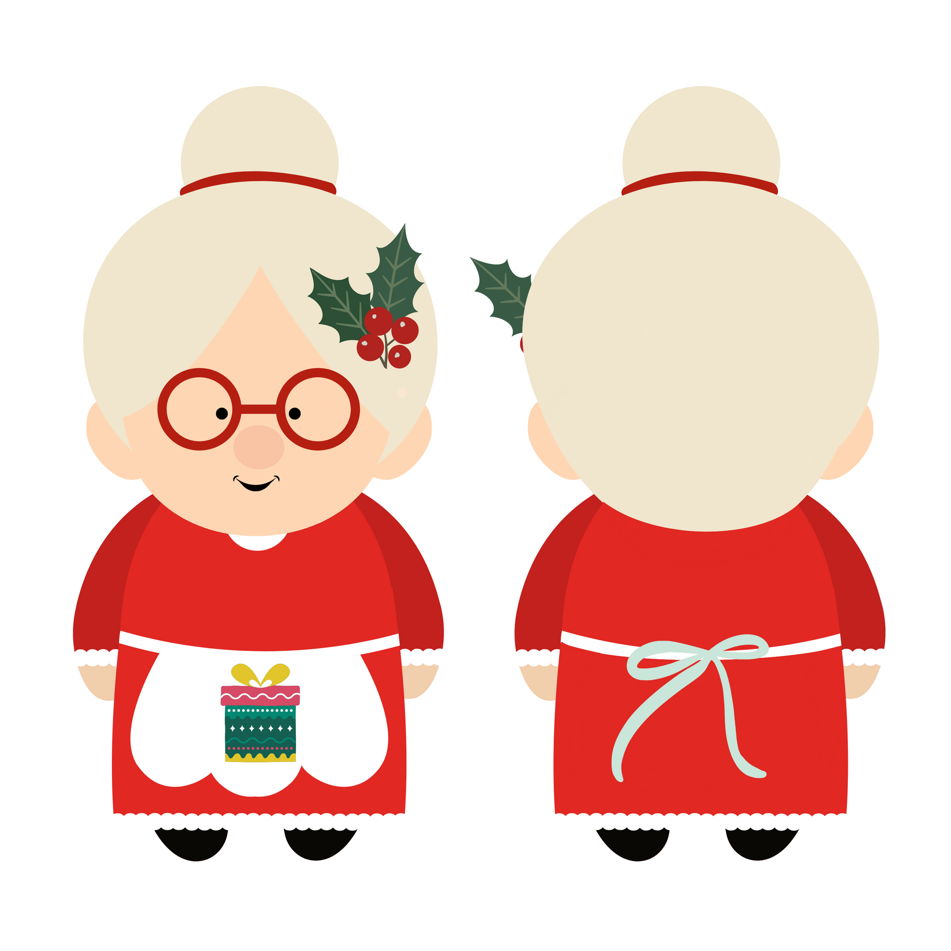 Mrs. Claus Dual Perspective: Festive Red Attire with Holly Accent